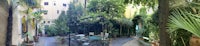 a view of a courtyard with plants and tables